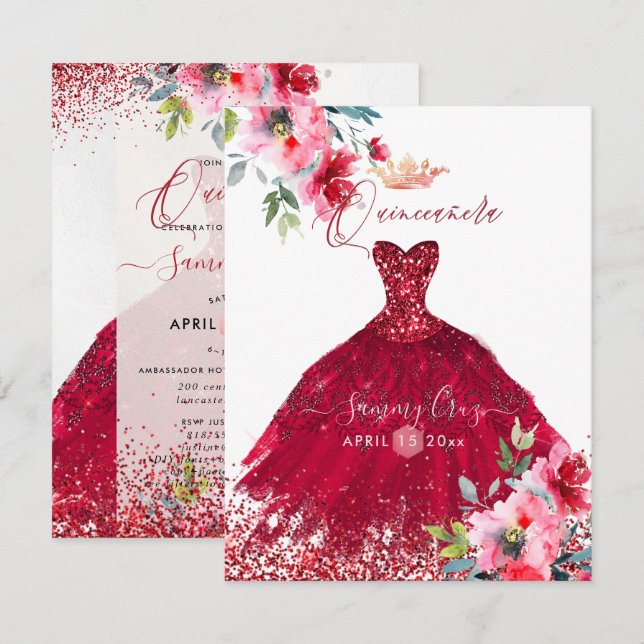 Quinceanera Red Sparkle Gown Aquarell Blume in Einladung (Vorne/Hinten)