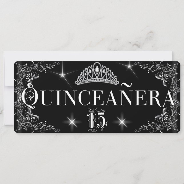 Quinceanera Regal Black Silver Tiara Einladung (Vorderseite)