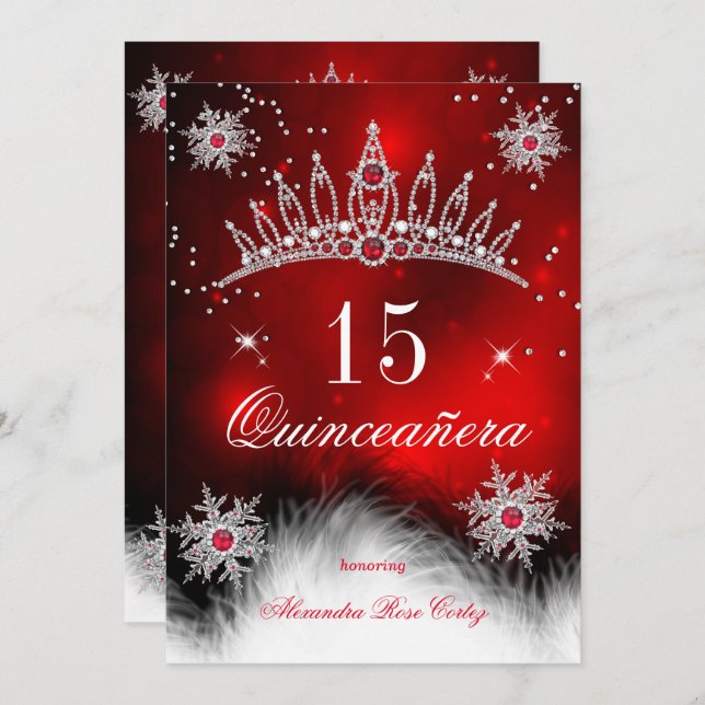 Quinceanera Regal Red Snowflake 15. Geburtstag Einladung (Vorne/Hinten)