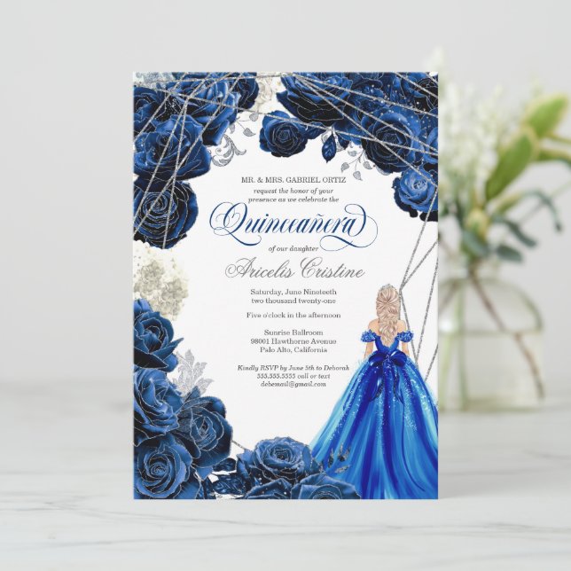 Quinceañera Regal Royal Blue & Silver w Gown Invit Einladung (Stehend Vorderseite)