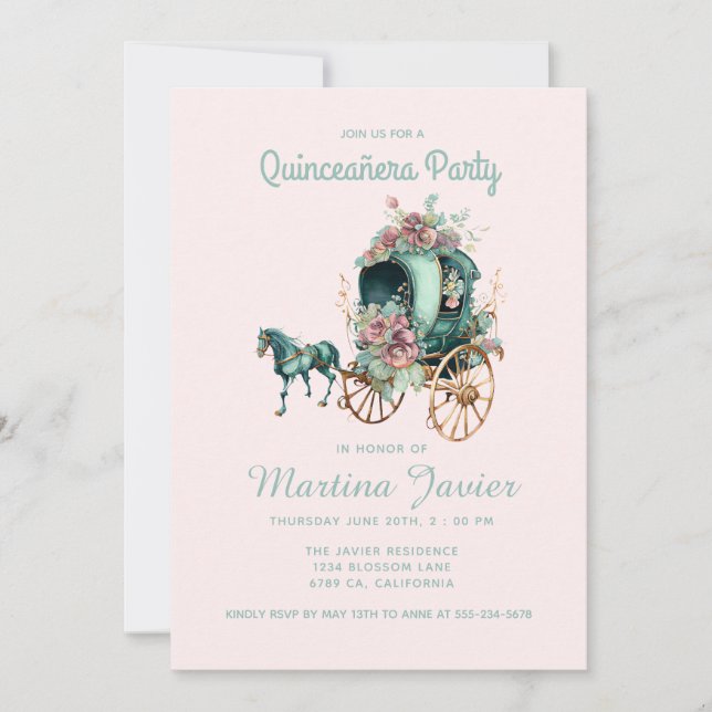 Quinceañera Retro Floral Carriage 15. Geburtstag Einladung (Vorderseite)