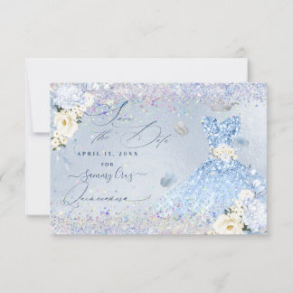 Quinceanera Rett Date Blue Holographic Confetti Einladung