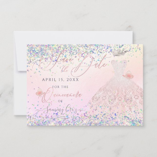 Quinceanera Rett Date Holographic Confetti Invita Einladung (Vorderseite)