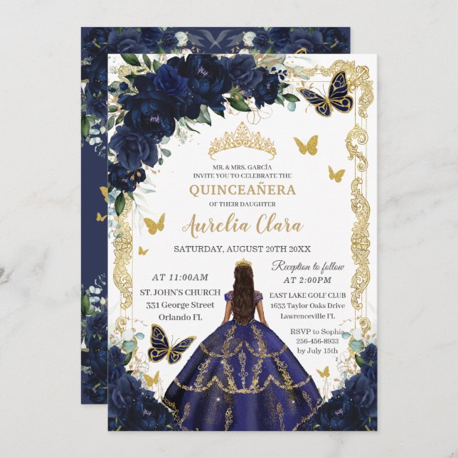 Quinceañera Rich Navy Blue Floral Gold Princess Einladung (Vorne/Hinten)