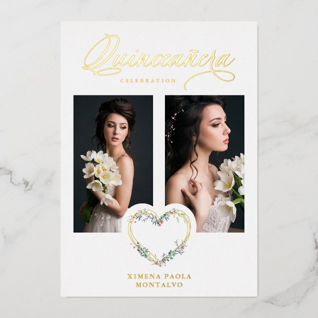 Quinceañera Romantic Pink Shades Real Gold Floral  Folieneinladung (Vorderseite)