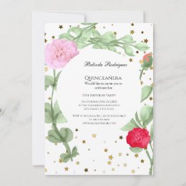 Quinceañera Rosa Blume goldene Sterne Grün Einladung