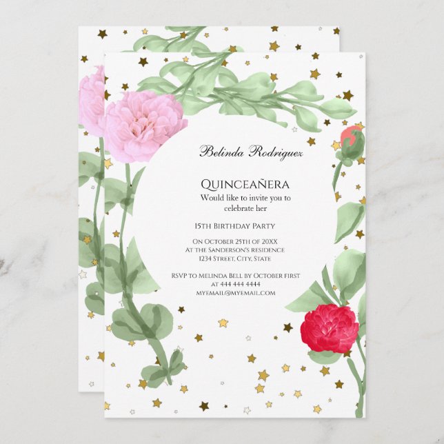 Quinceañera Rosa Blume goldene Sterne Grün Einladung (Vorne/Hinten)