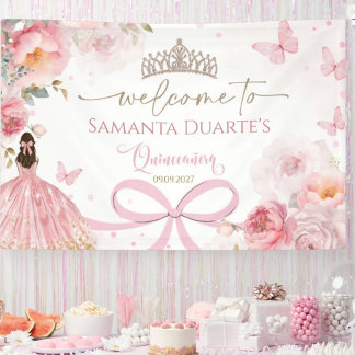 Quinceañera-Rosa-Blumen-Schmetterling-Bogen Banner