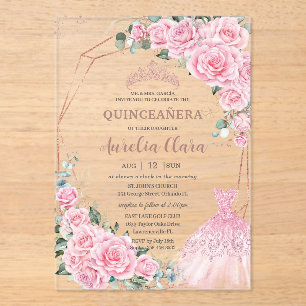 Quinceanera Rosa Blumenprinzessinnenkleid Roségold Acryleinladungen