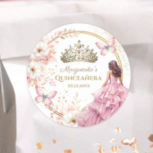 Quinceañera-Rosa-Blush-Blumen-Gold-Tiara-Schmetter Runder Aufkleber