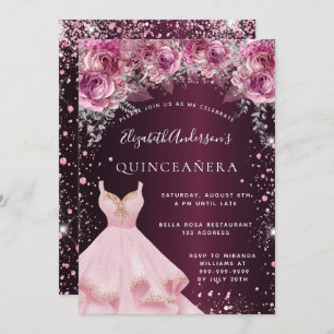 Quinceanera rosa bordeauxfarbene Glitzer Kleid flo Einladung