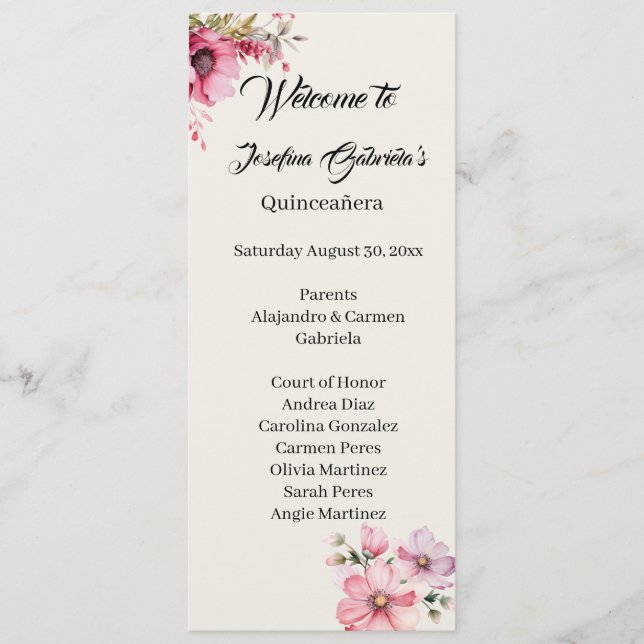 Quinceanera rosa doppelseitige Programmkarte  Programm (Vorderseite)