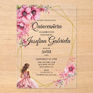 Quinceanera rosa floral acryleinladungen