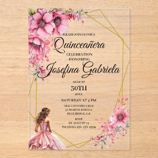 Quinceanera rosa floral acryleinladungen