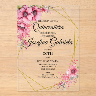 Quinceanera rosa floral acryleinladungen