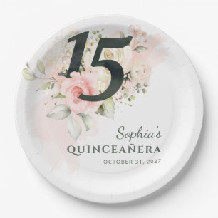 Quinceanera Rosa Florale Rustikale 15. Geburtstags Pappteller