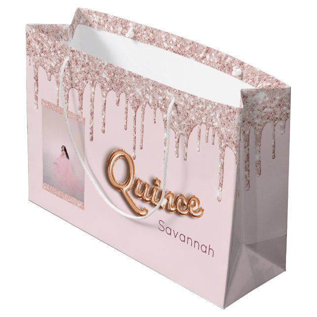Quinceanera Rosa Glitzer Foto Rose Gold Große Geschenktüte (Rückseite Schrägansicht)