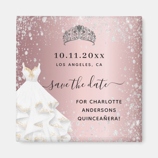 Quinceanera Rosa Glitzer Kleid Save the Date Magnet (Vorne)