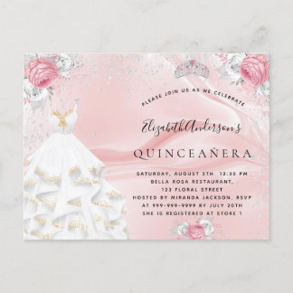 Quinceanera Rosa Glitzer Kleid Tiara Blumenstrauß Einladungspostkarte