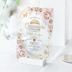 Quinceanera-Rosa-Gold-Blumen-Einladung Acryleinladungen