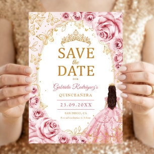 Quinceanera Rosa Gold Floral Save The Date