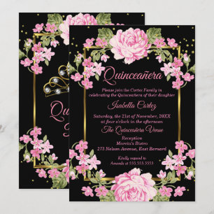 Quinceanera Rosa Hübsche Landblumen Gold Schwarz Einladung