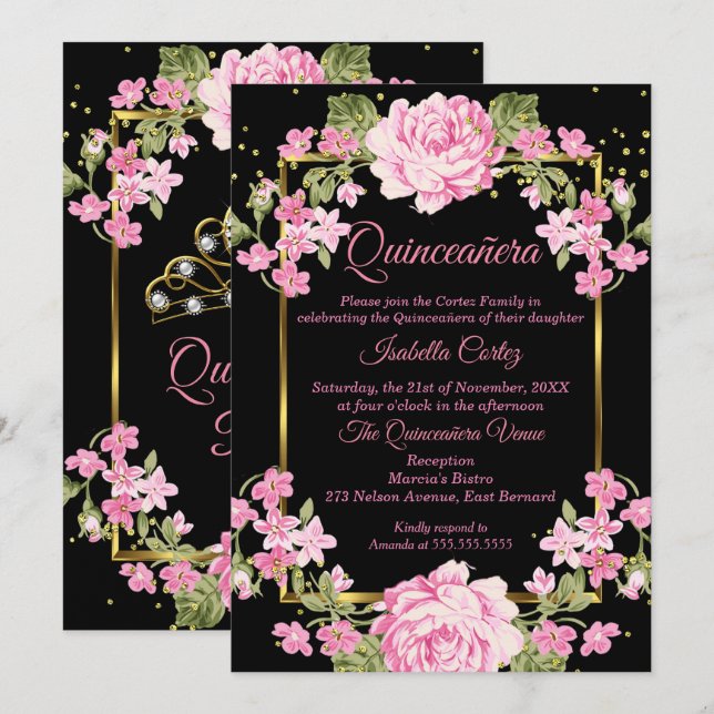 Quinceanera Rosa Hübsches Land Florengold Einladung (Vorne/Hinten)