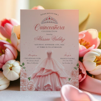Quinceanera Rosa Kleid Silver Floral Einladung