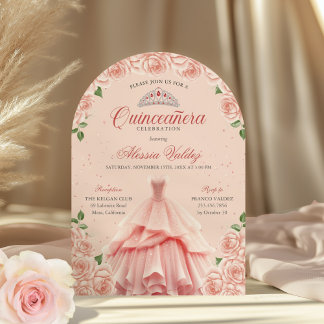 Quinceanera Rosa Kleid Silver Floral Einladung