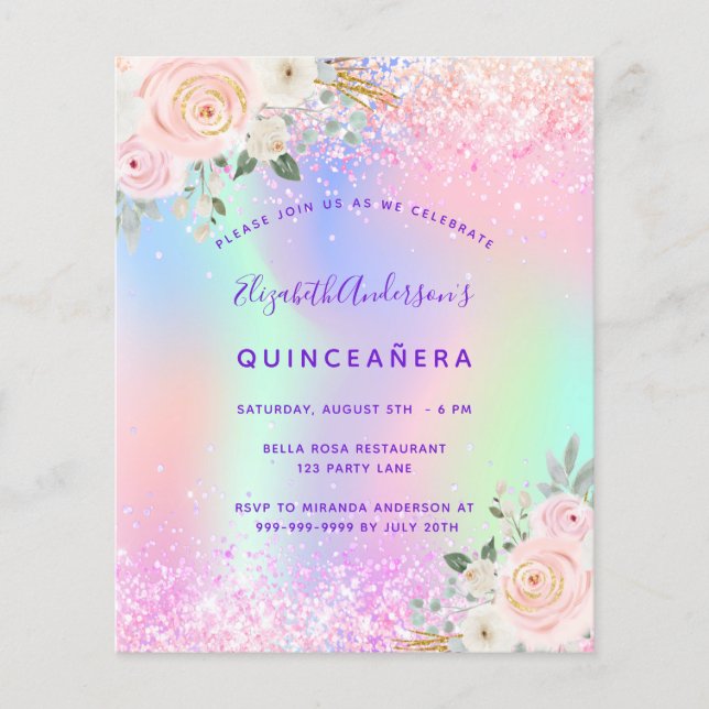 Quinceanera rosa lila Glitzer Blumenbudget Flyer (Vorne)