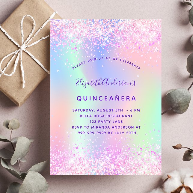Quinceanera rosa lila Glitzer holografischer Luxus Einladung (Von Creator hochgeladen)