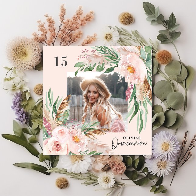 Quinceañera rosa mädchenhaftes Foto Pampas elegant Einladung (Von Creator hochgeladen)