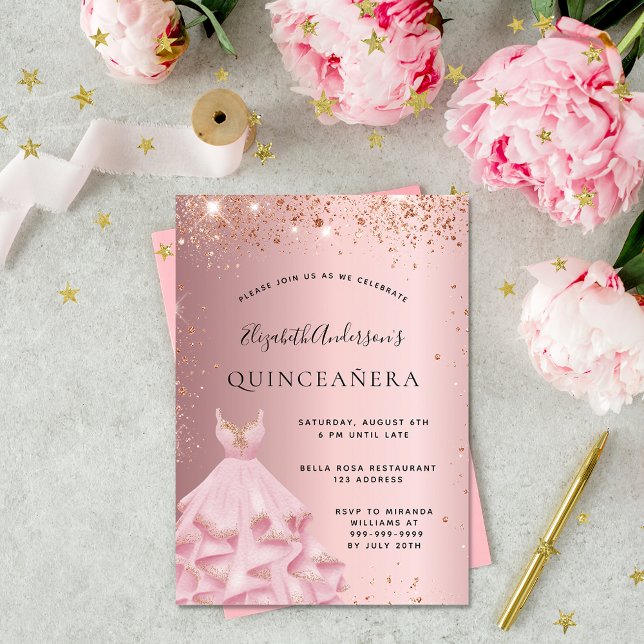 Quinceanera Rosa Rosa Glitzer Kleid Einladung (Von Creator hochgeladen)