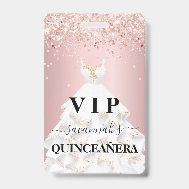 Quinceanera Rosa Rosa Glitzer Staub Name Vip Ausweis (Vorderseite)