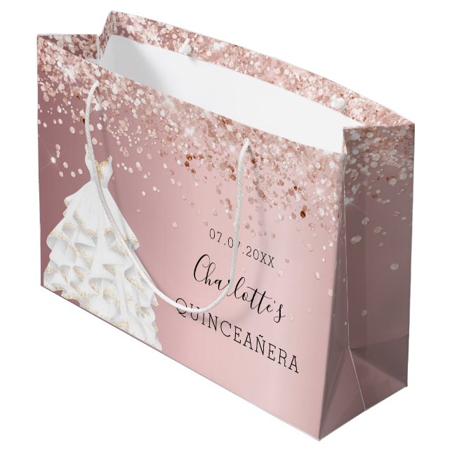 Quinceanera Rosa Rosa Goldkleid Große Geschenktüte (Rückseite Schrägansicht)