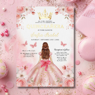 Quinceañera-Rosa-Rosen-Blumen-Schmetterling Folieneinladung