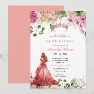 Quinceañera-Rosa-Rosen-Blumen-Schmetterlings-Tiara Einladung