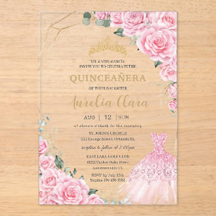 Quinceanera Rosa Rosen Florale Prinzessinnen Kleid Acryleinladungen