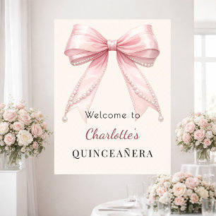Quinceanera rosa Schleife creme elfenbein Perlen W Poster