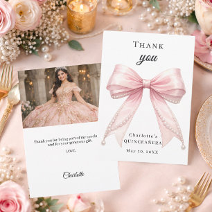 Quinceanera rosa Schleife Perlen Foto Dankeskarte