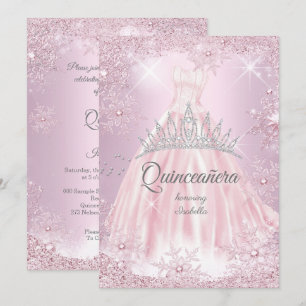 Quinceanera Rosa Schneeflocken Winterkleid Tiara Einladung