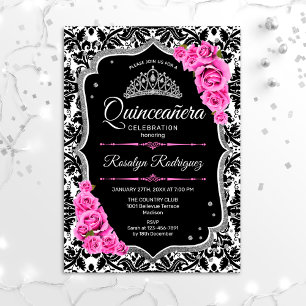 Quinceanera - Rosa Schwarzes Silber Einladung