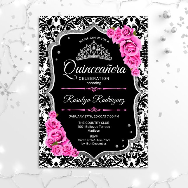 Quinceanera - Rosa Schwarzes Silber Einladung (Von Creator hochgeladen)