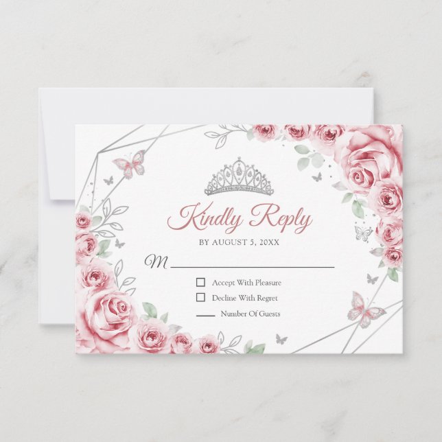 Quinceanera Rosa Silber Blumen Antwort (Vorderseite)