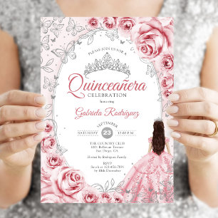 Quinceanera Rosa Silber Blumen Einladung