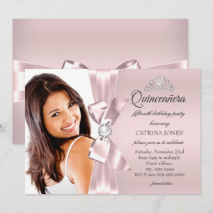 Quinceanera Rosa Silber Diamant Bogen Perlen Tiara Einladung