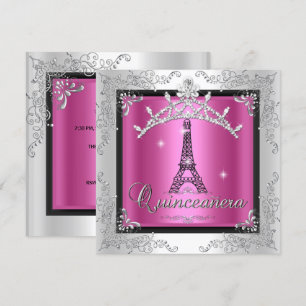 Quinceanera Rosa Silber-Tiara Eiffelturm Einladung