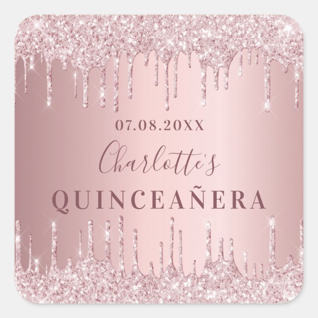 Quinceanera rosa staubige Rose Glitzer Monogramm Quadratischer Aufkleber (Vorderseite)