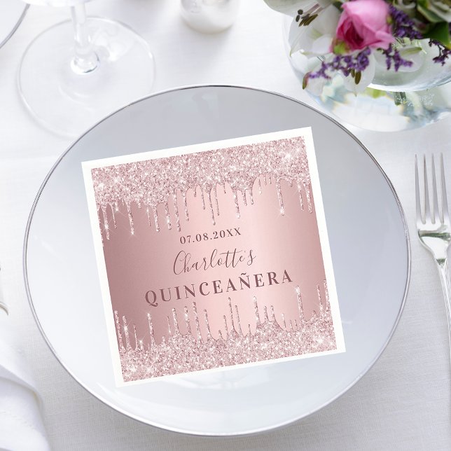 Quinceanera rosa staubige Rose Glitzer Monogramm Serviette (Von Creator hochgeladen)