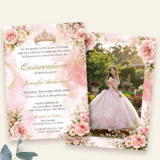 Quinceañera Rosa und Gold Blumen mit Foto Einladung